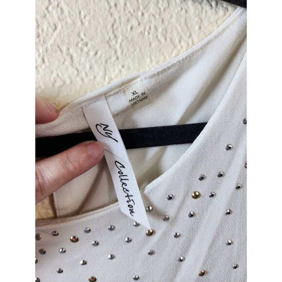NY Collection XL White Rhinestone Studded Blouse Flutter Sleeve Career Party - Picture 6 of 8